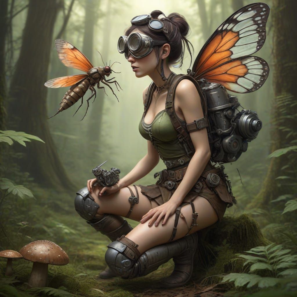 Steampunk Fairy Mechanic in Forest Illustration
