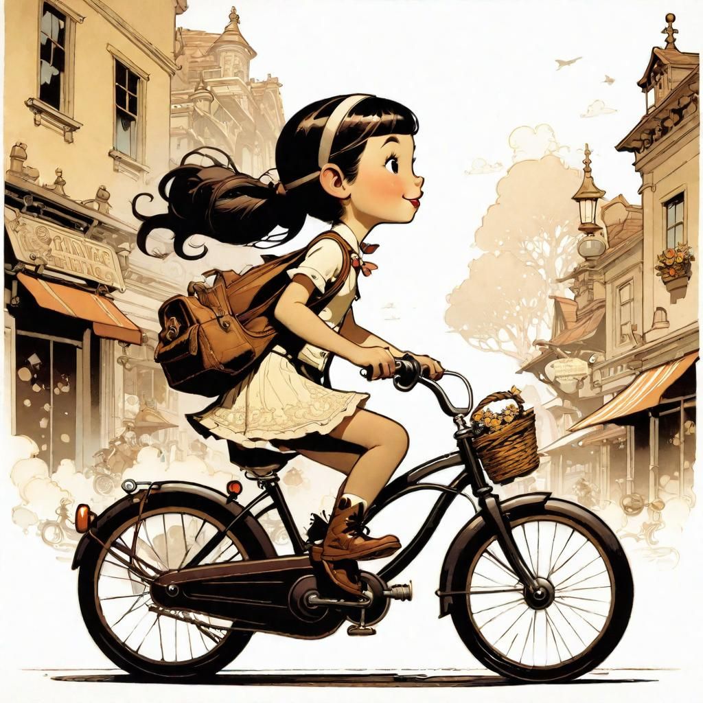 Girl Rides Bike in Cartoon Style