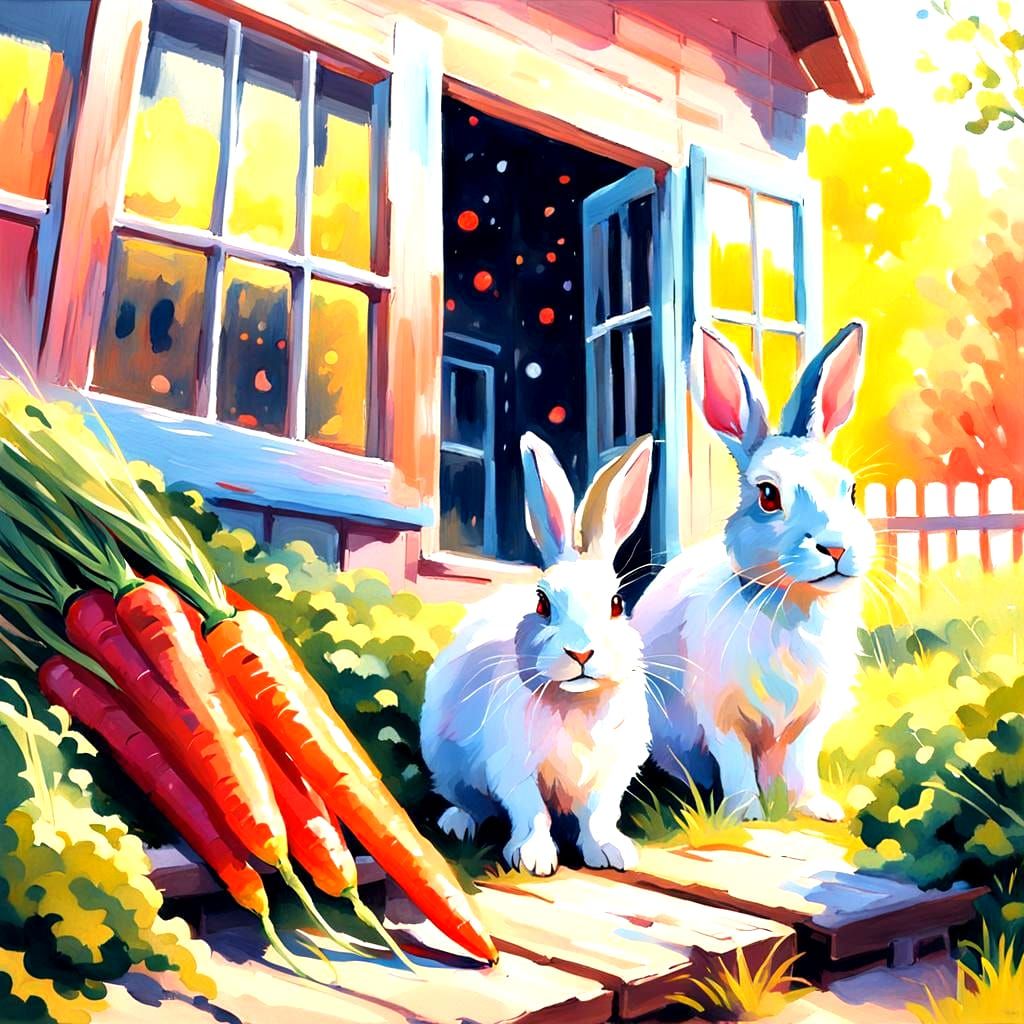 Rabbits Enjoying Carrots: An Impressionist Gouache Painting