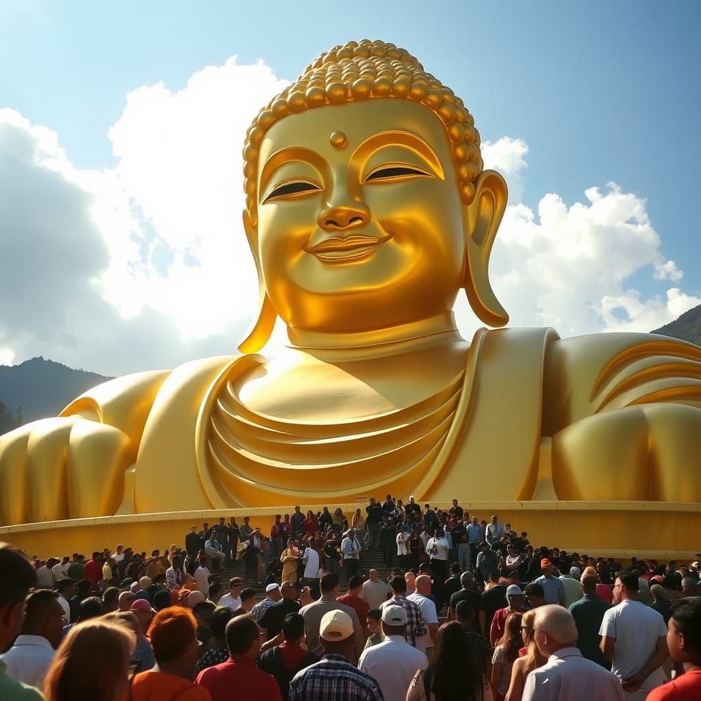 Golden Buddha Statue Overlooking a Diverse Crowd