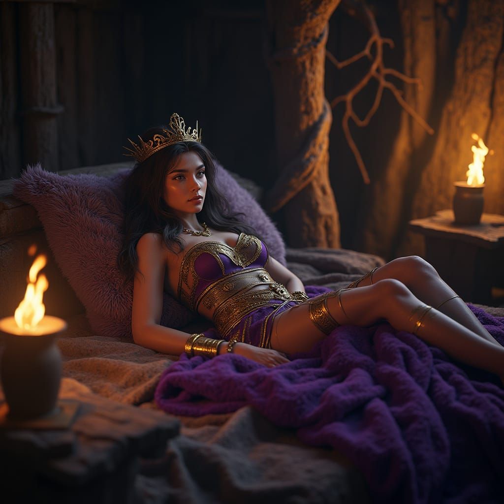 Barbarian Queen in Mystical Hut, Dark Fantasy Concept Art