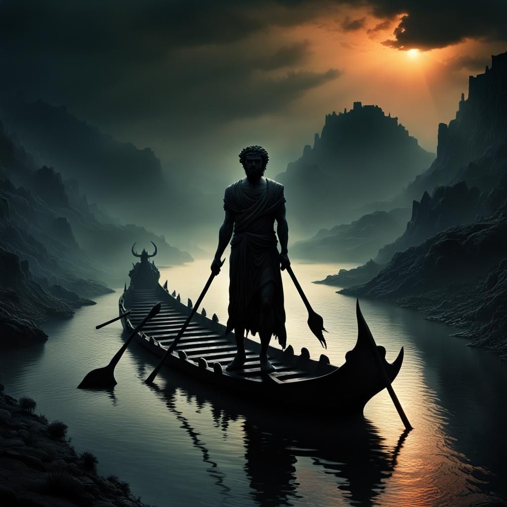 "Silhouette of Ferryman of Hades;; countless of dead bodies;...