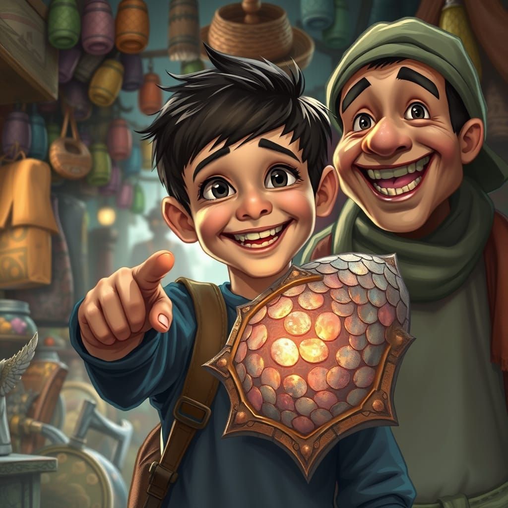 Boy Discovering Dragon Scale in Vibrant Market