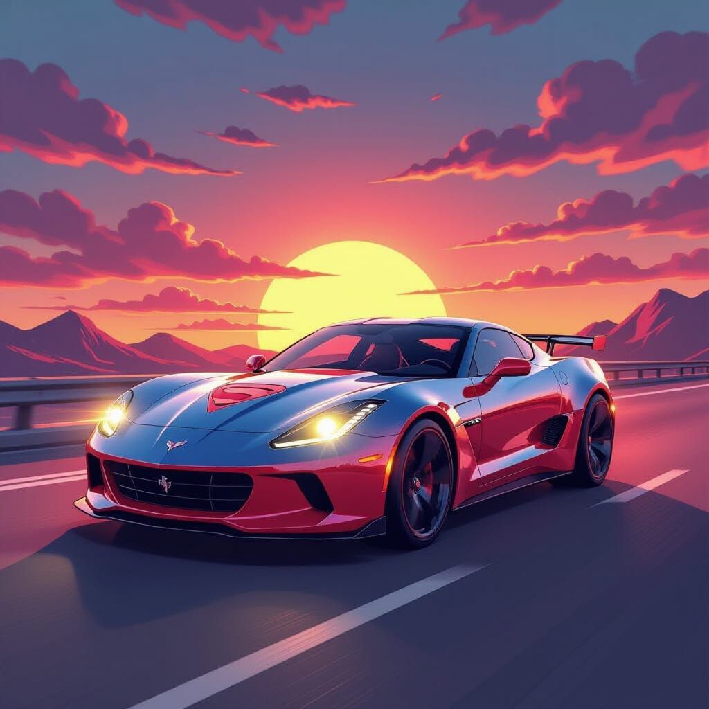 Superman Sports Car on Sunset Highway in Comic Art Style