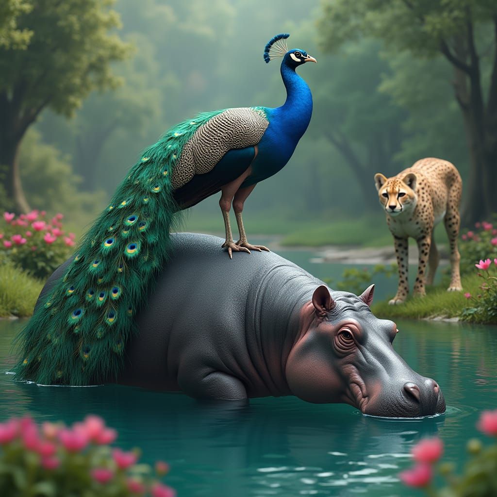 Majestic Peacock on Hippopotamus, Watched by a Sleek Cheetah