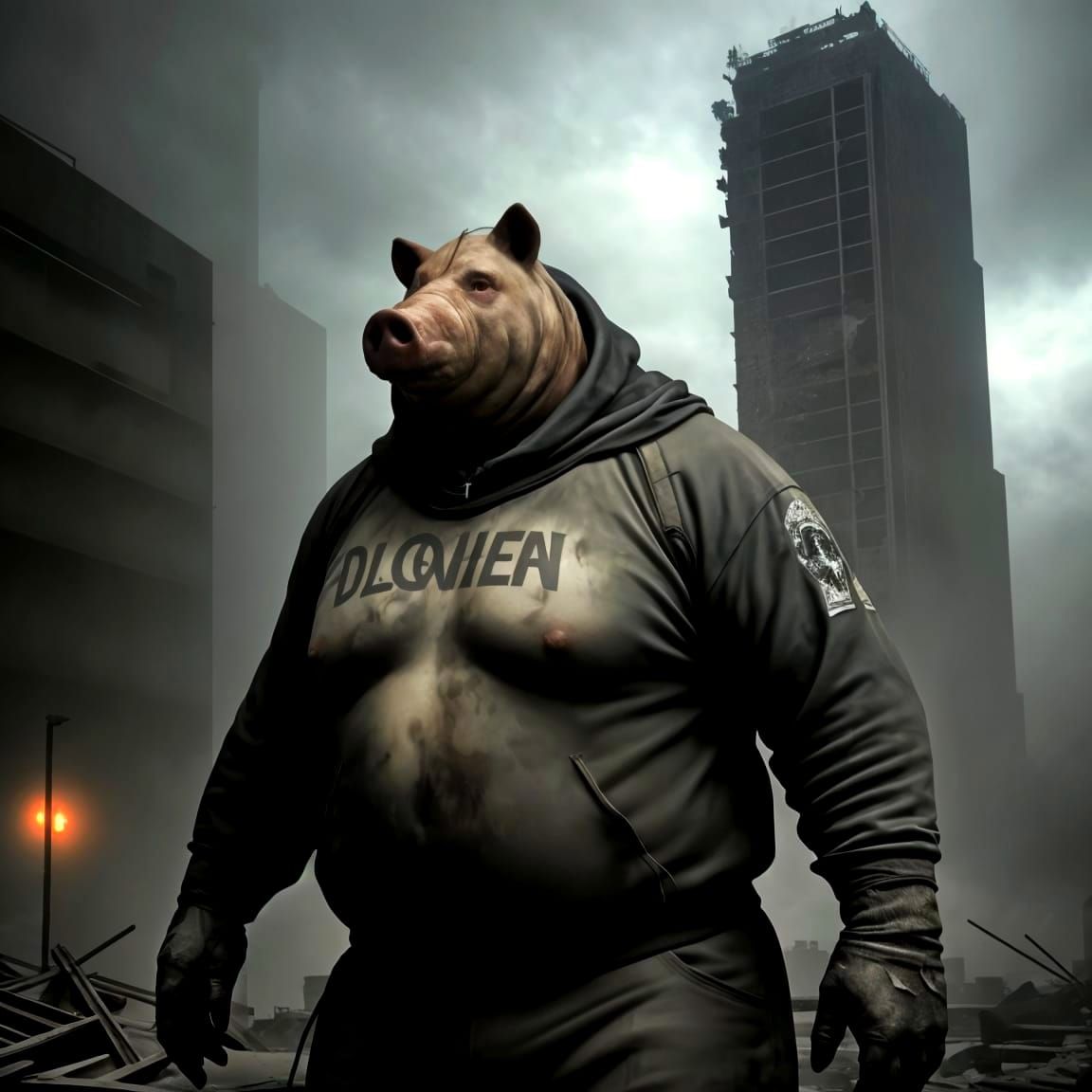 Dystopian Pig Wrestler in Post-Apocalyptic Cityscape
