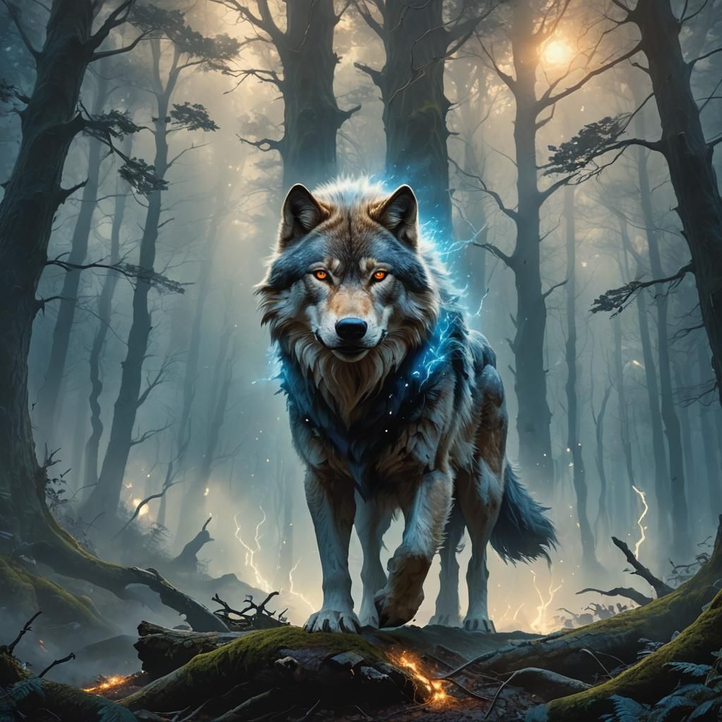 Majestic Thunder Wolf in Mystical Forest