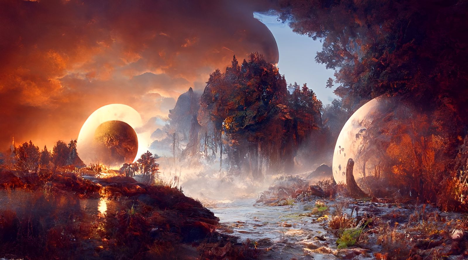 Mystical Alien Moonrise Over Serene Forest