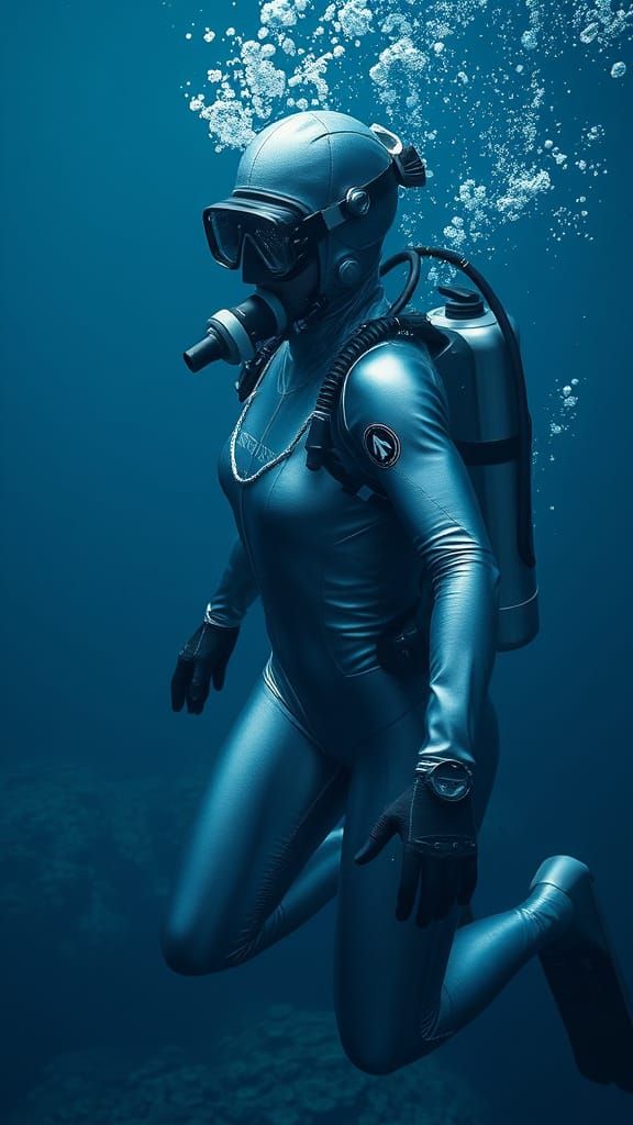 Female Scuba Diver Descending into Deep Ocean: Digital Art