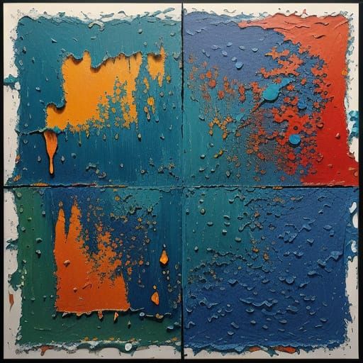 Bold Textured Painting with Dripping Paint and Geometric Sha...