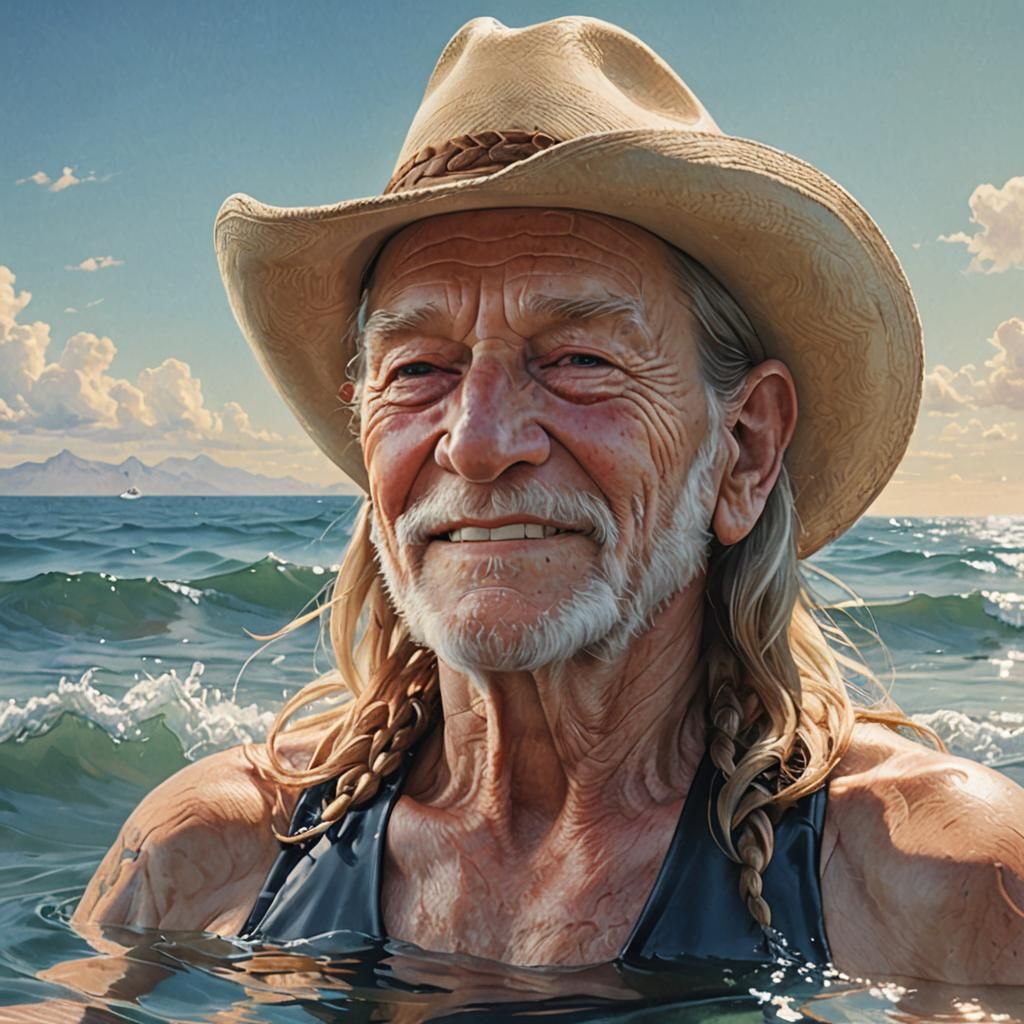 Willie Nelson Portrait Swimming, Artgerm and Lou Xaz Style