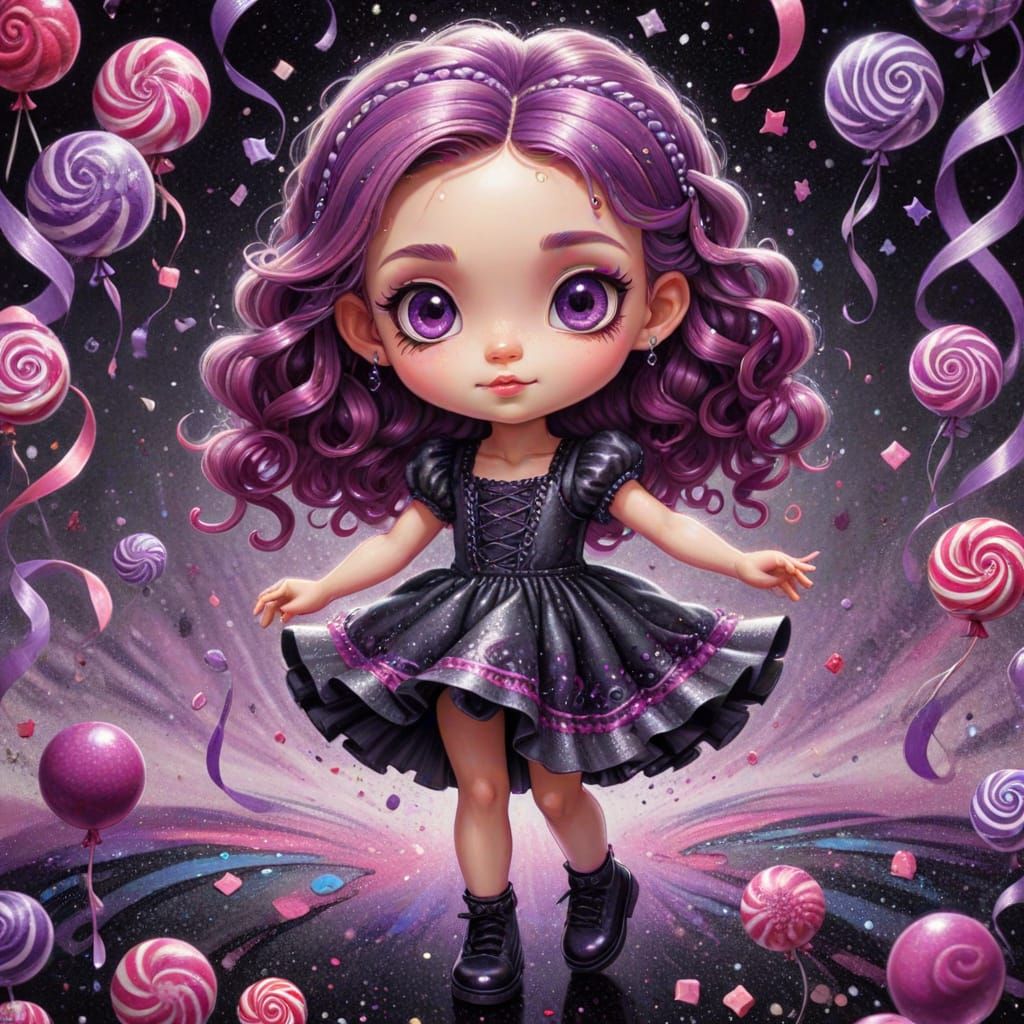 Candy Core Girl Dancing in Glitter Chibi Style