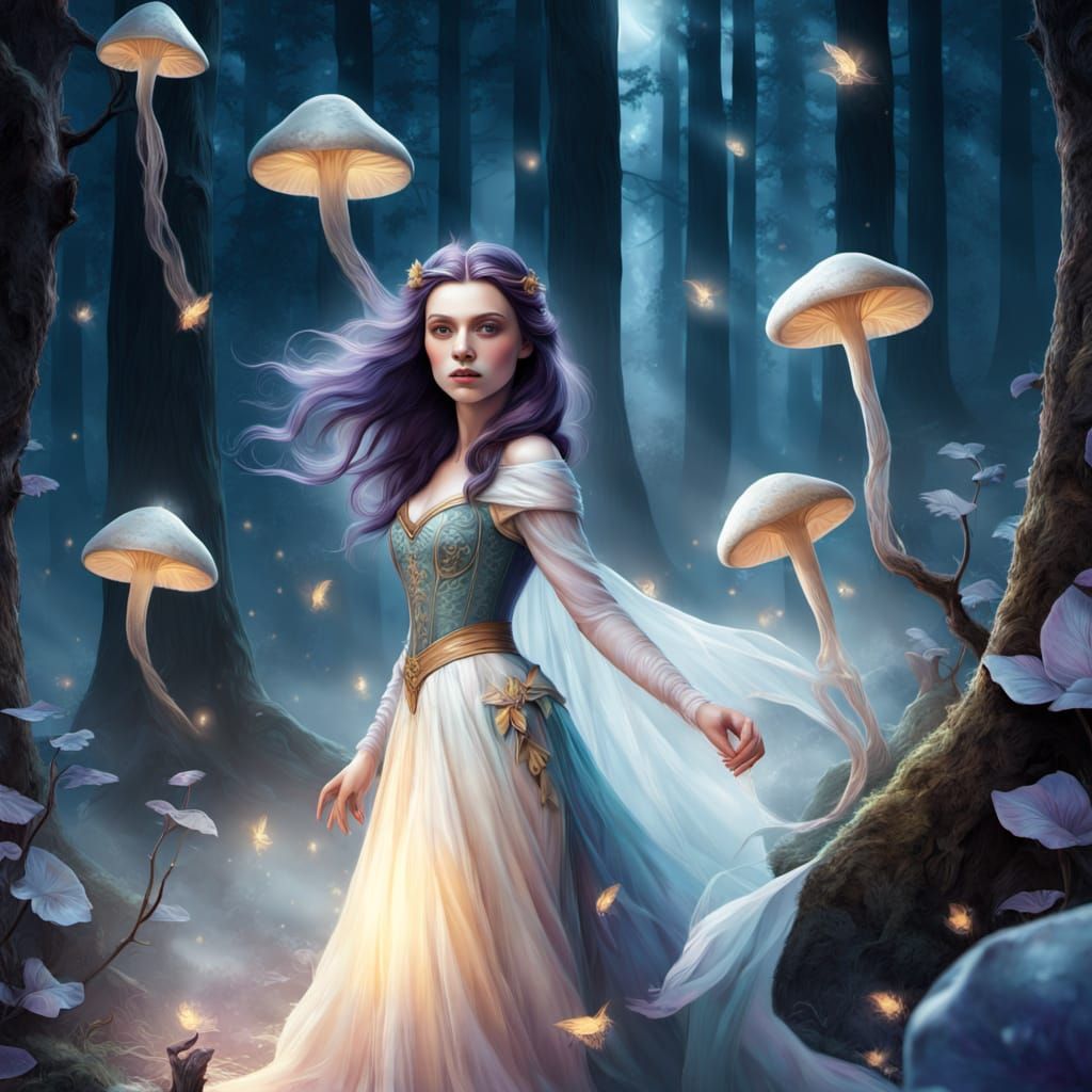 Snow White in Misty Forest: Fantasy Illustration