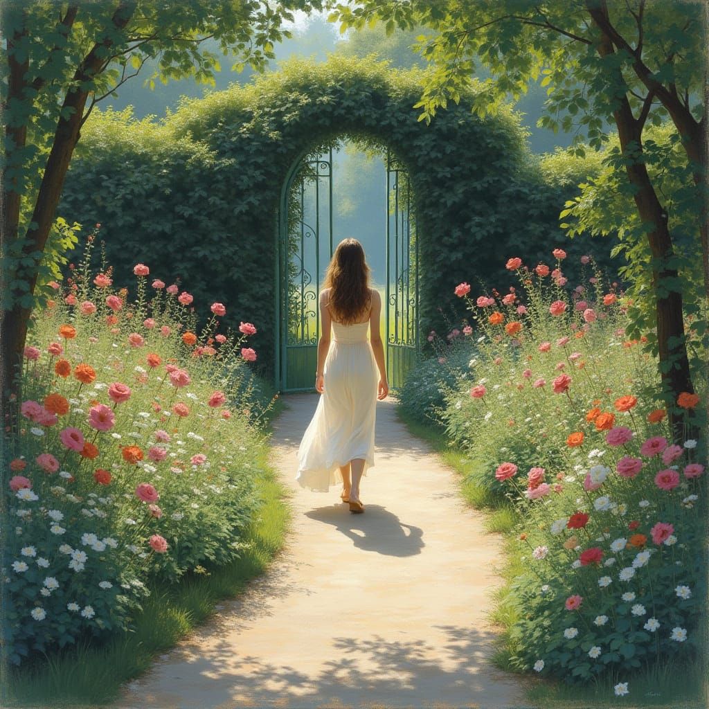 Woman in Garden Approaching Gate, Impressionist Style