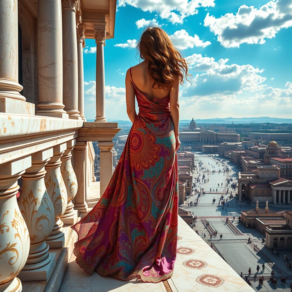 Elegant Woman in Romanesque Gown Against Ancient Cityscape