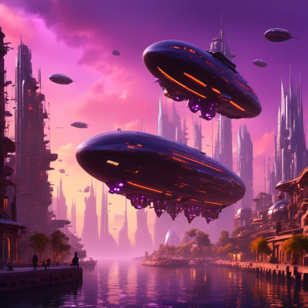 Levitating Alien Airships with Futuristic Buildings