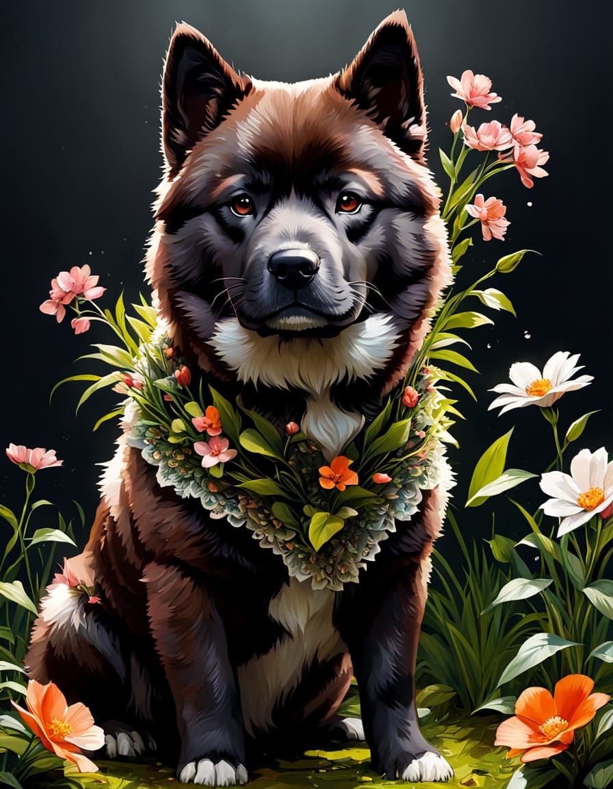Adorable Dark Brown Akita Dog in Vibrant Floral Spring Scene
