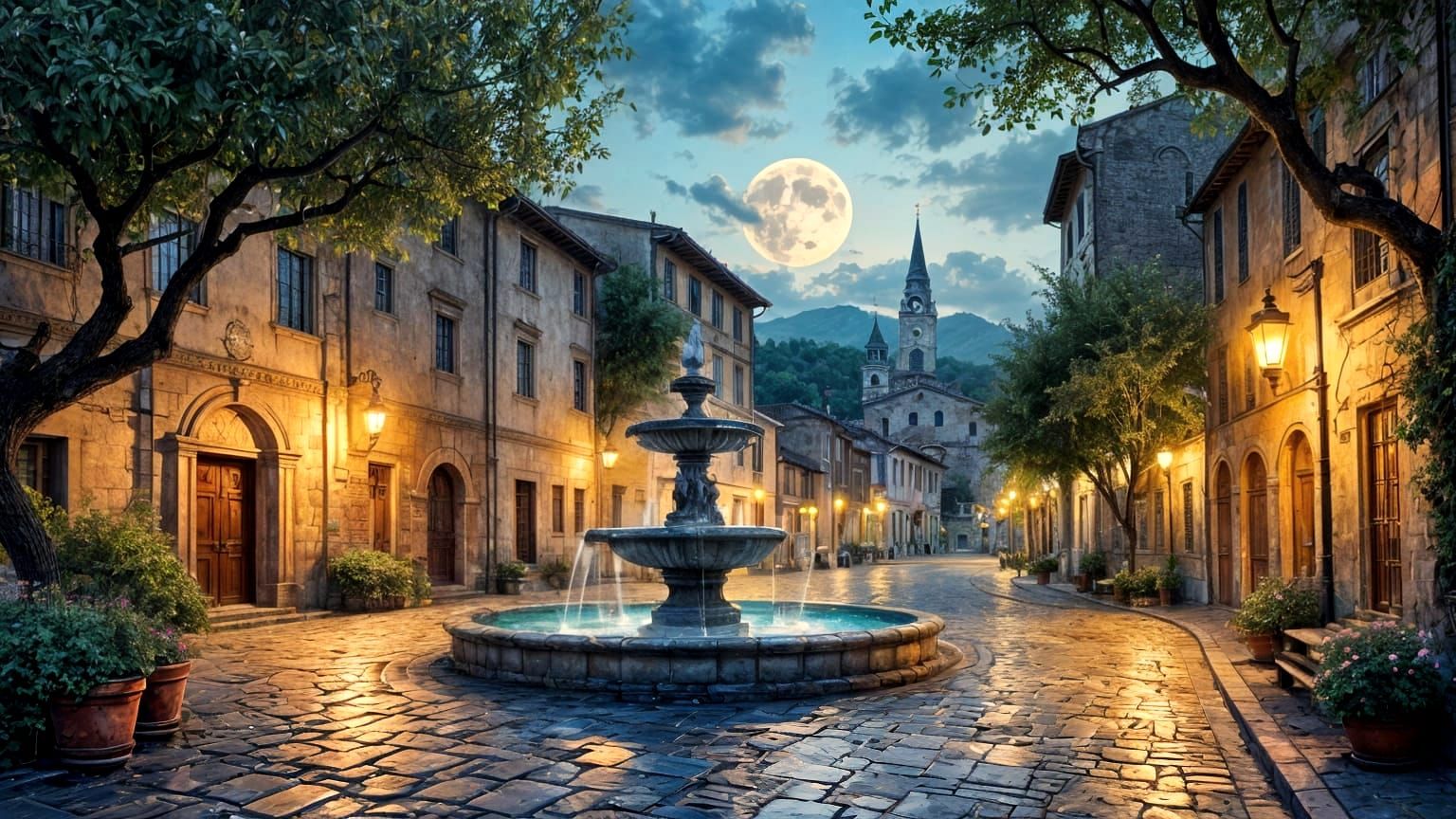 Italian Village Evening Square with Fountain and Lemon Tree