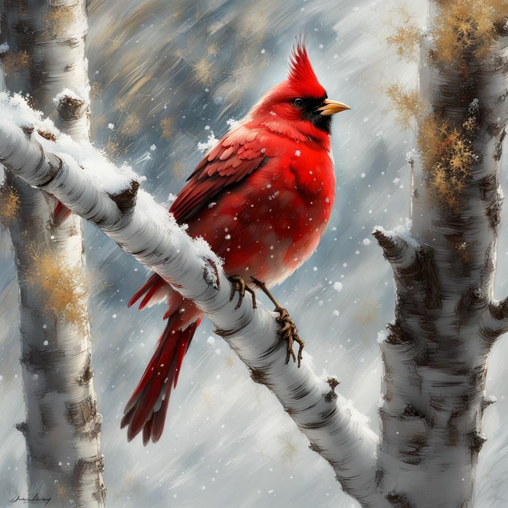 Red Bird in Winter Blizzard with Gold Paint Strokes