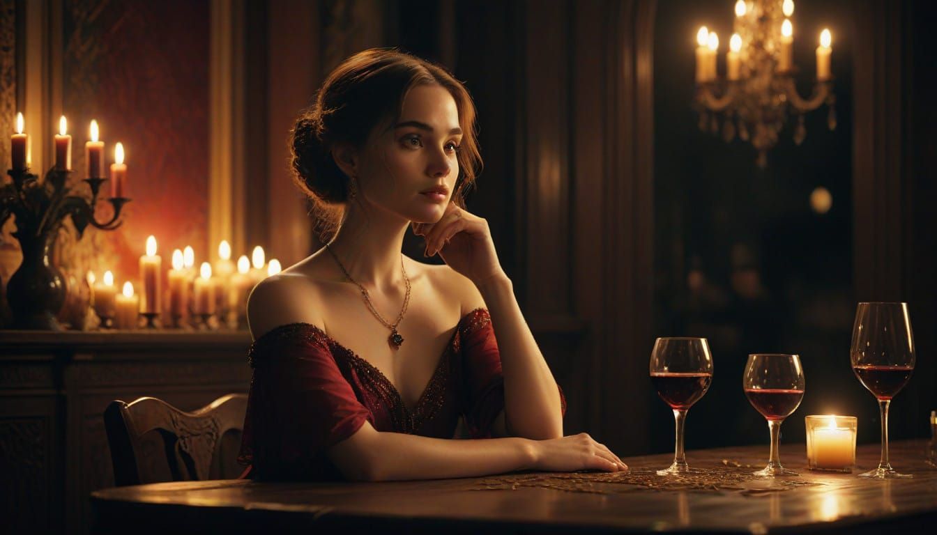 Elegant Woman Contemplates Wine in Grand Hall