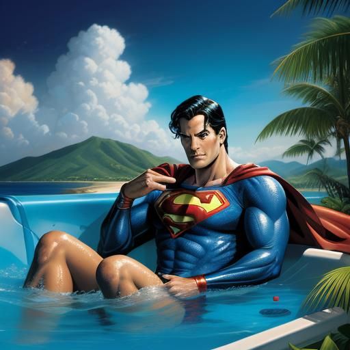 Superman Relaxing in Tropical Hot Tub Comic Art