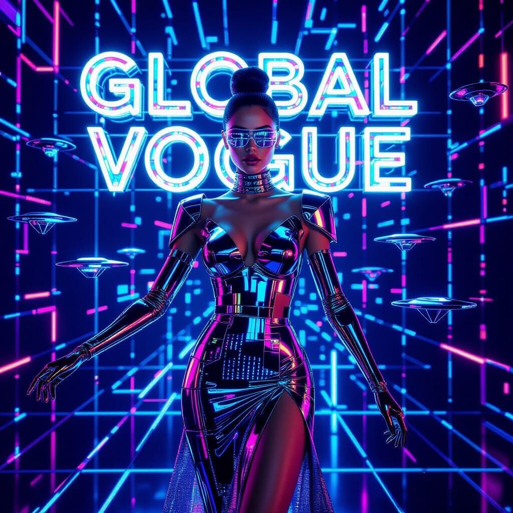 Cybernetic Model in Holographic Dress, Neon Grid Background