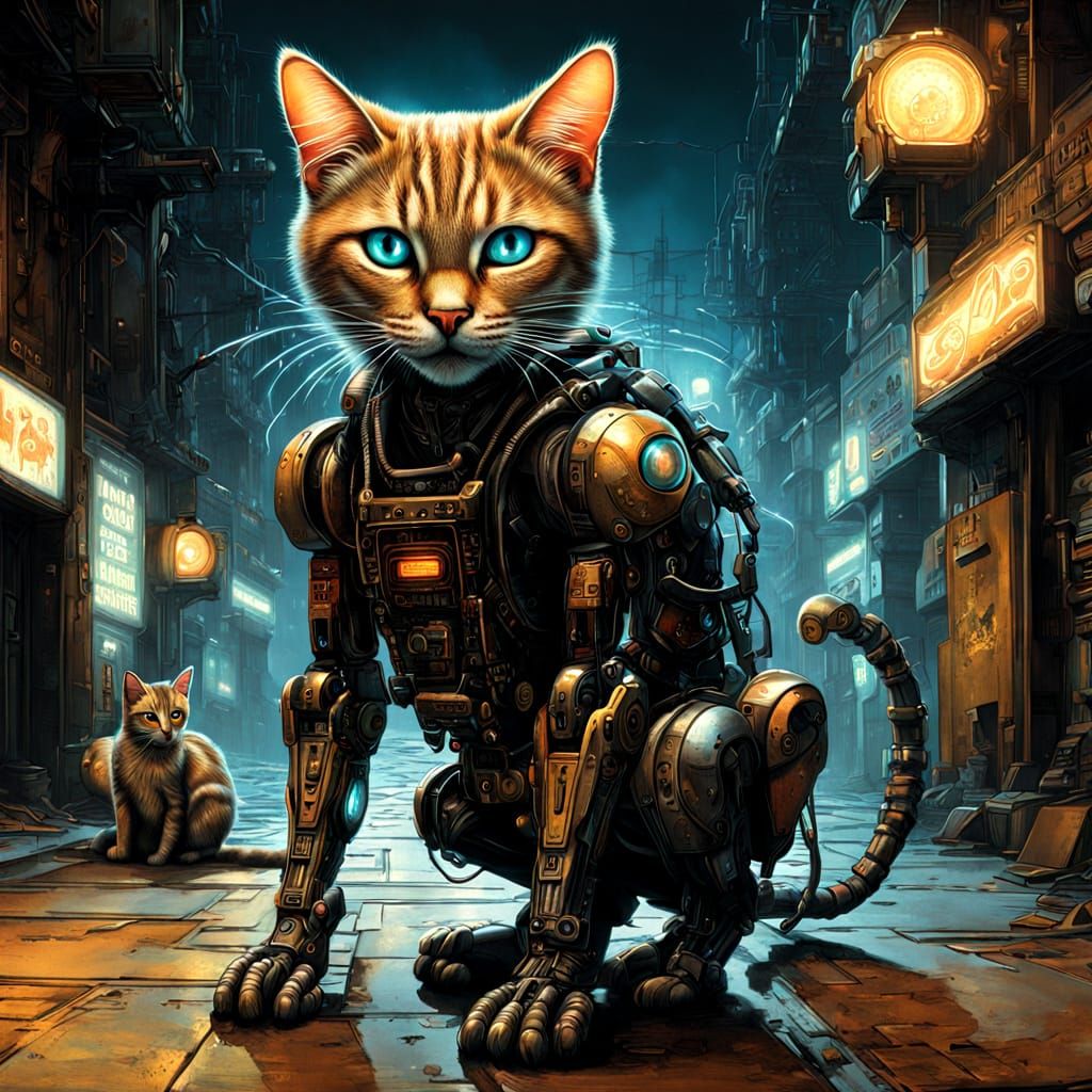 Cyborg Repairing Cat in Dystopian Cityscape