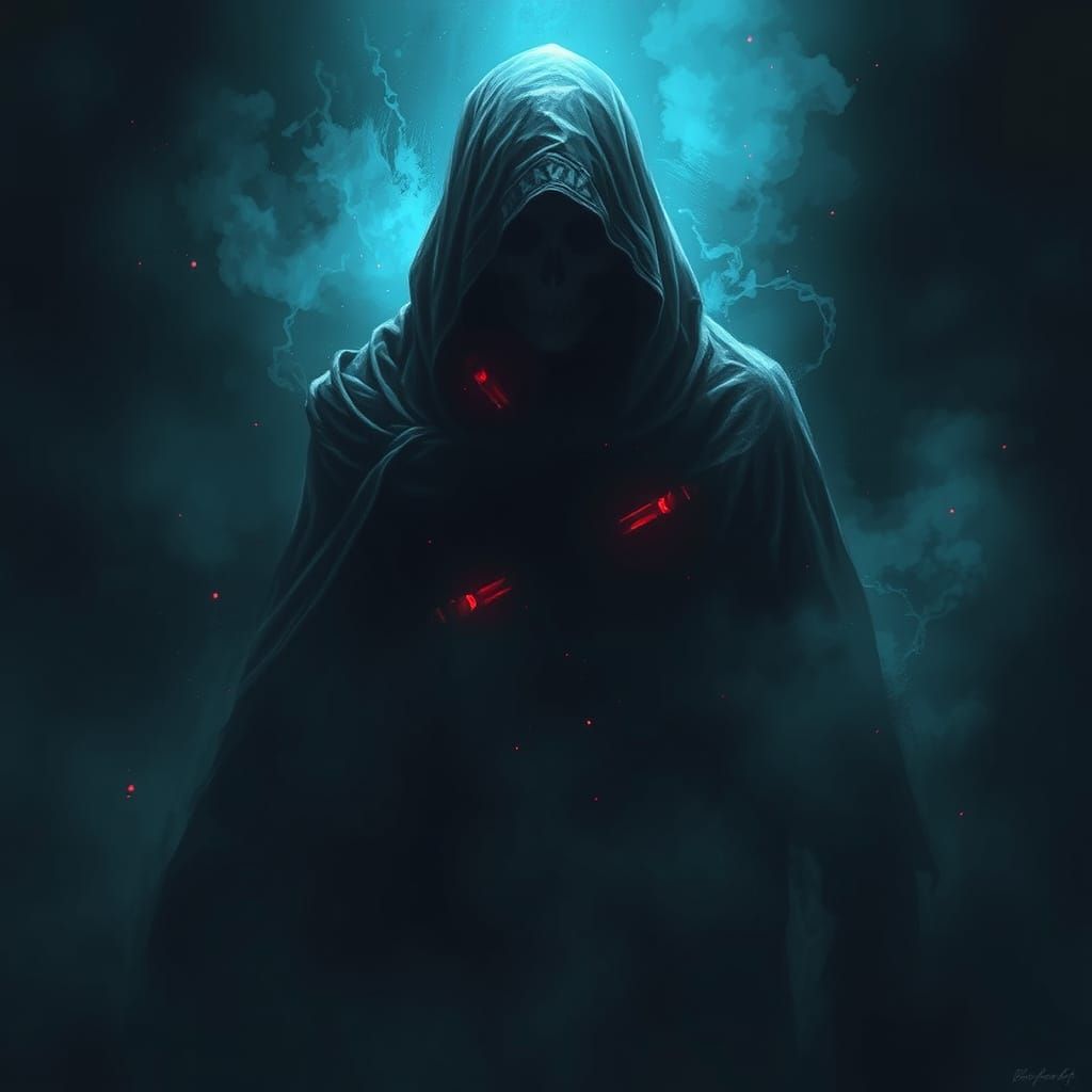 Mystical Shadow Figure with Cyberpunk and Fantasy Elements
