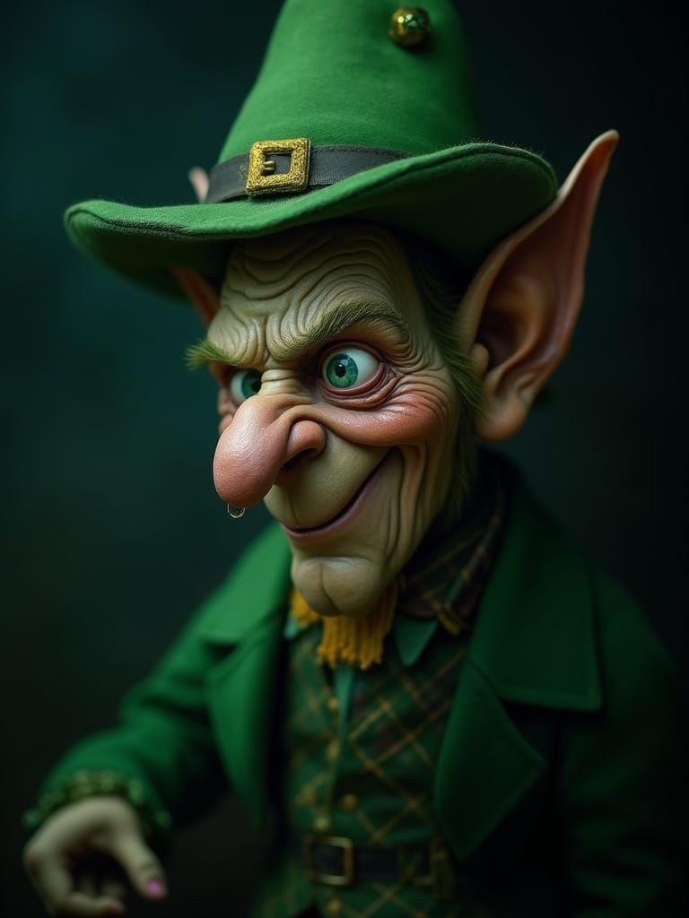 Whimsical Leprechaun Portrait in Muted Emerald Tones