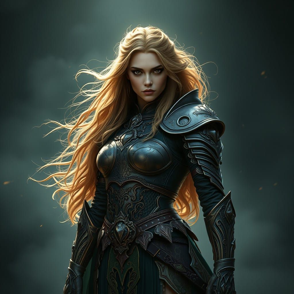 Strong Woman in High-Fantasy Armor Against Dark Backdrop