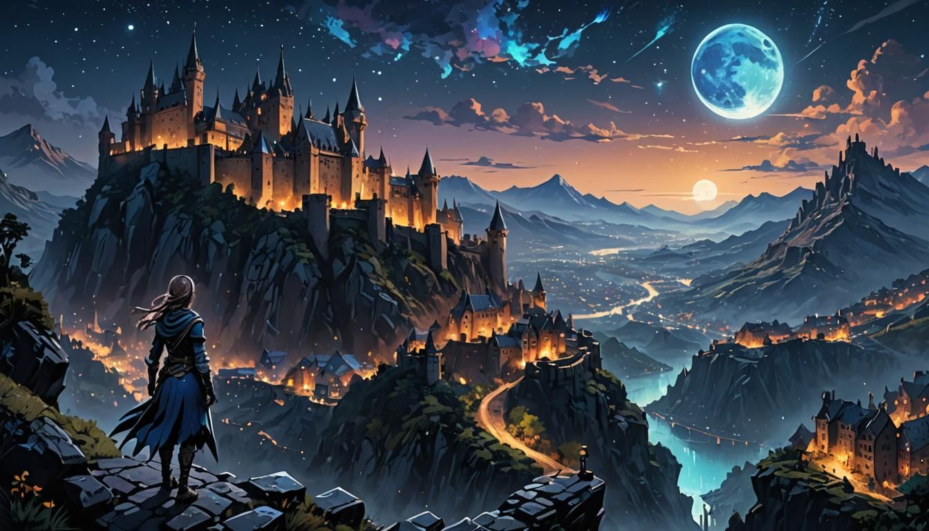 Fantastic Landscape with Adventurer in Final Fantasy Style