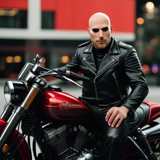 Handsome Bald Biker in Red and Black Leather