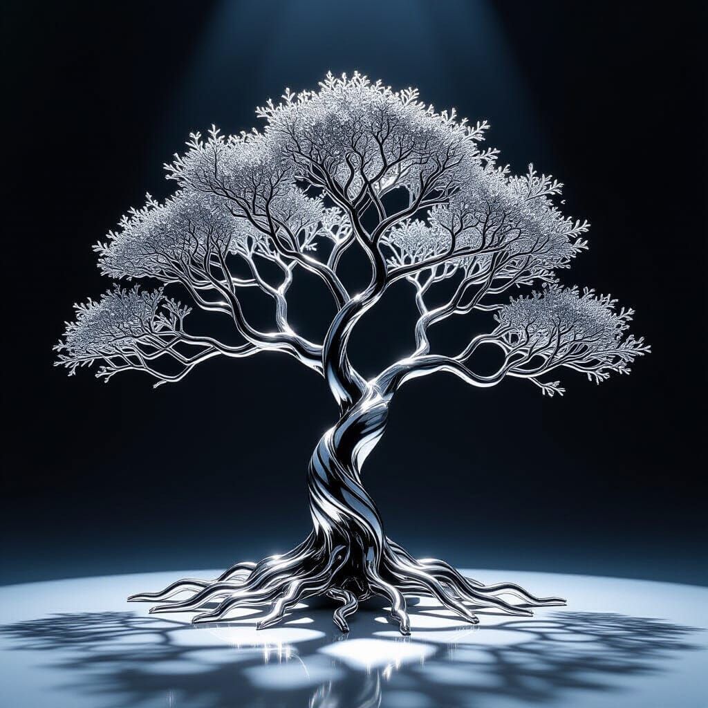 Inverted Silver Tree Sculpture in Photorealistic Style