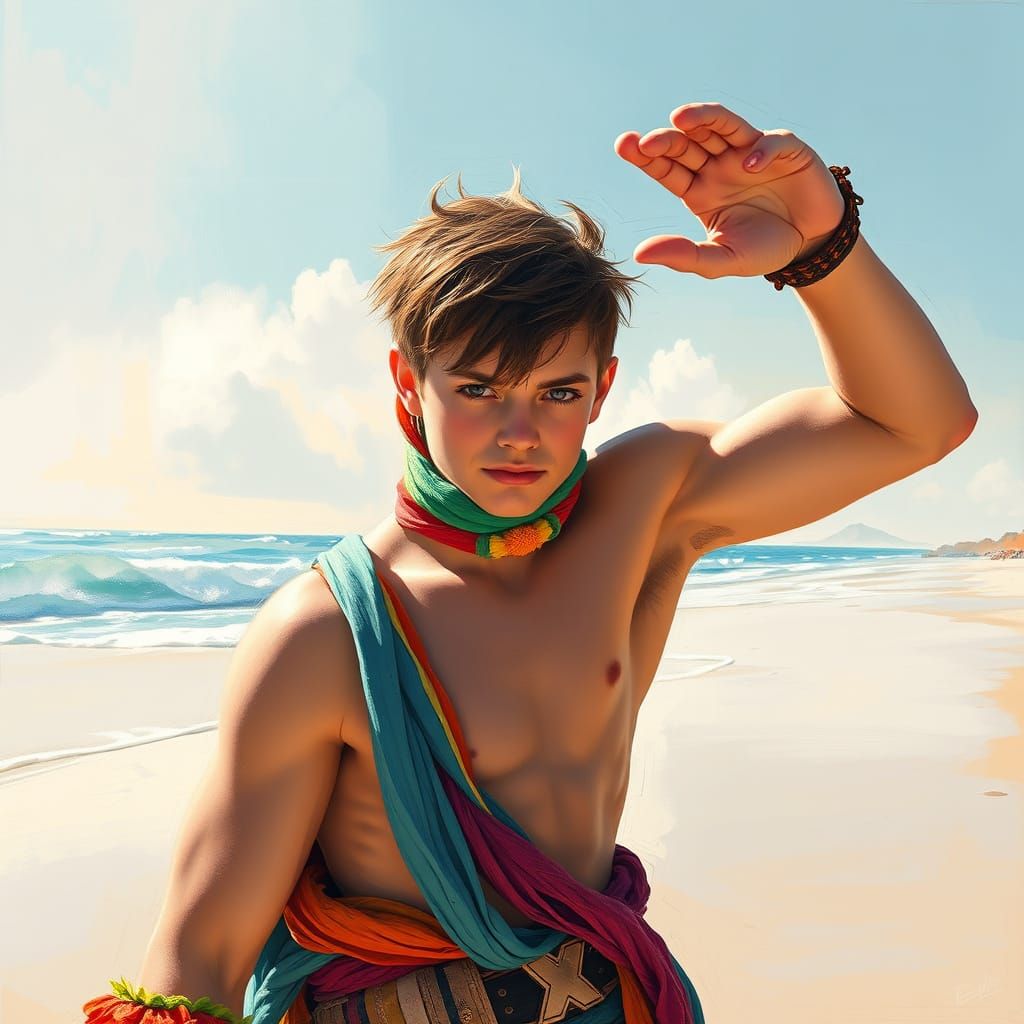 Colorful Costume on Sunny Beach: Expressive Art Style