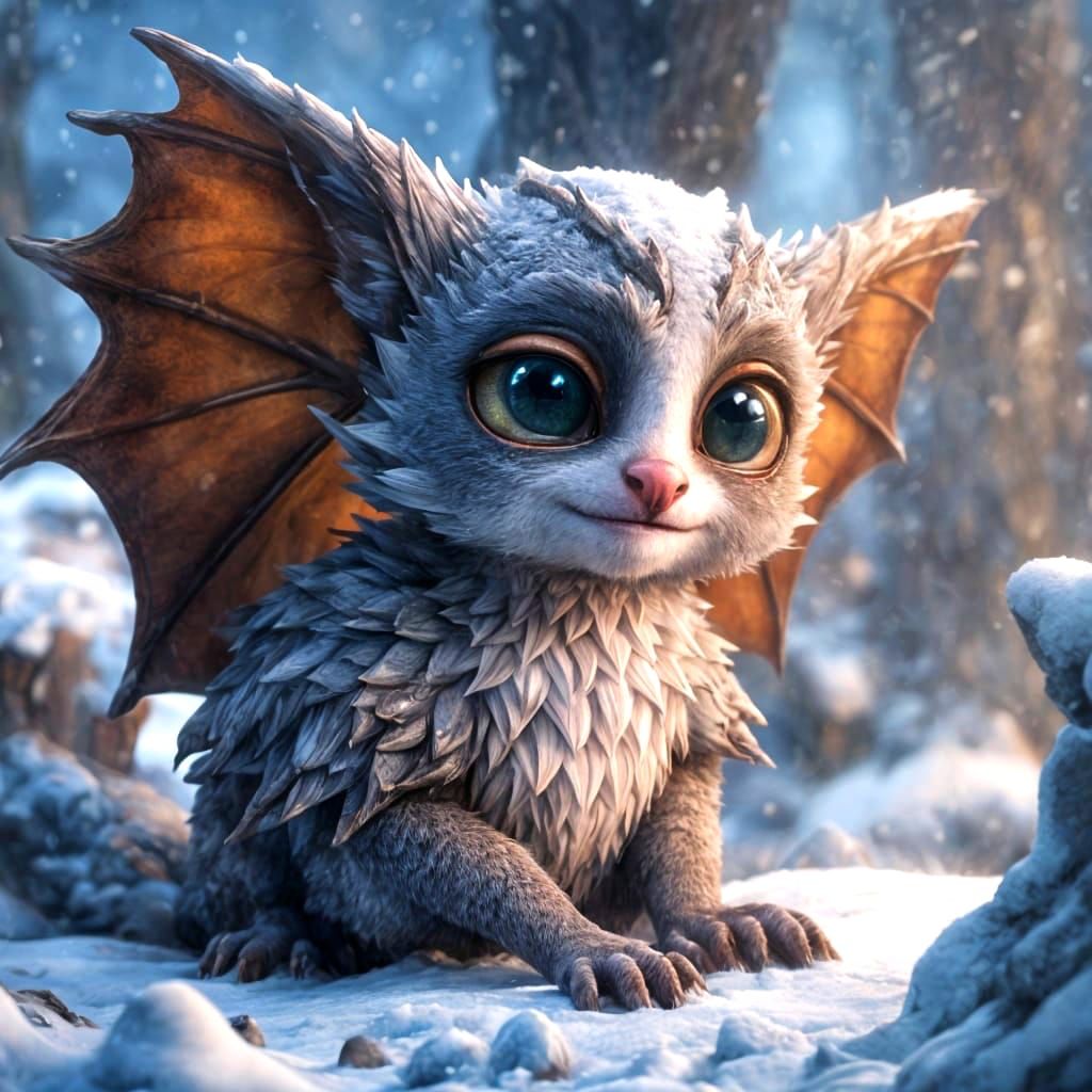Cute Dragon-Winged Bushbaby in Snowy Fantasy Art