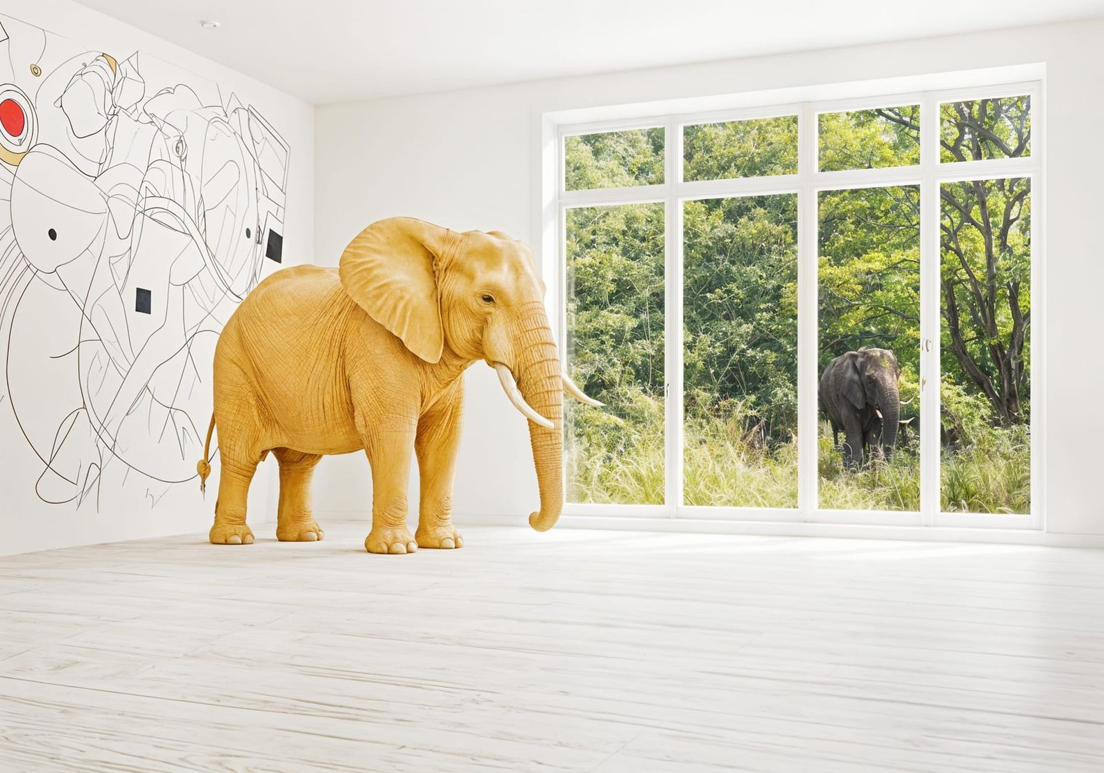 Surreal Yellow Elephant Surrounded by Nature