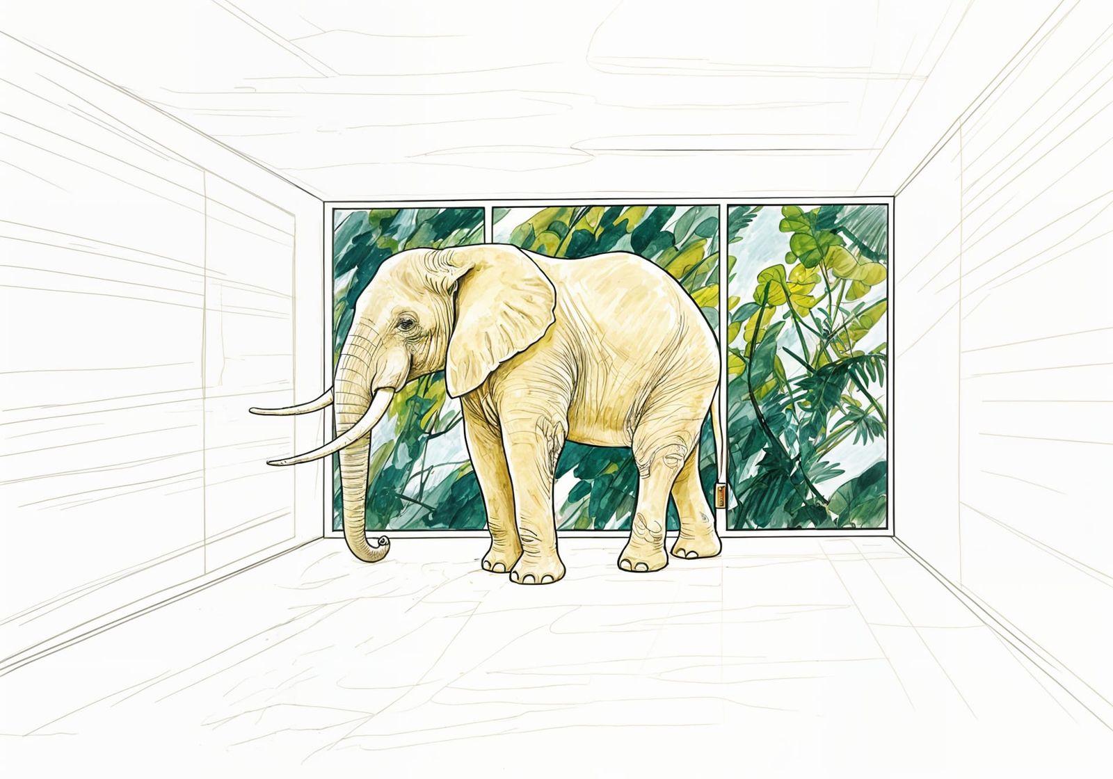 Kandinsky-Inspired Light Yellow Elephant in Cozy White Room