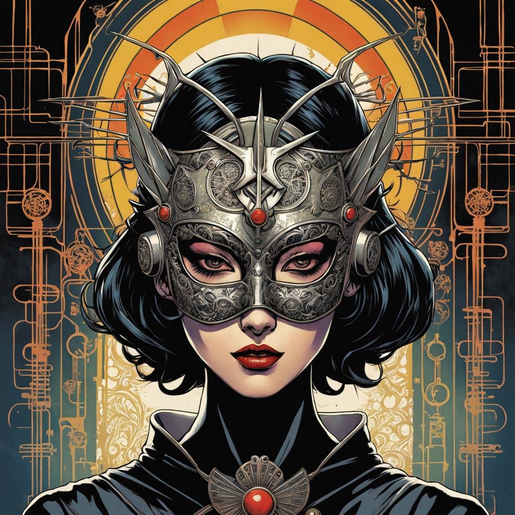 Japanese Gothic Female Figure in Bauhaus-Inspired Mask