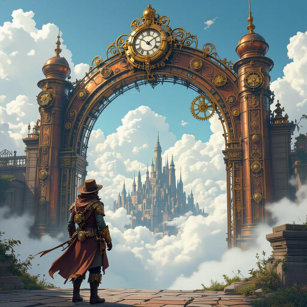 Steampunk Gate to a Cloud City: Art Nouveau Adventure