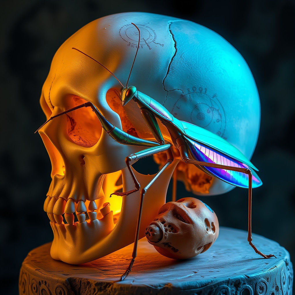 Iridescent Mantis Consumes Skull in Abstract Dreamscape