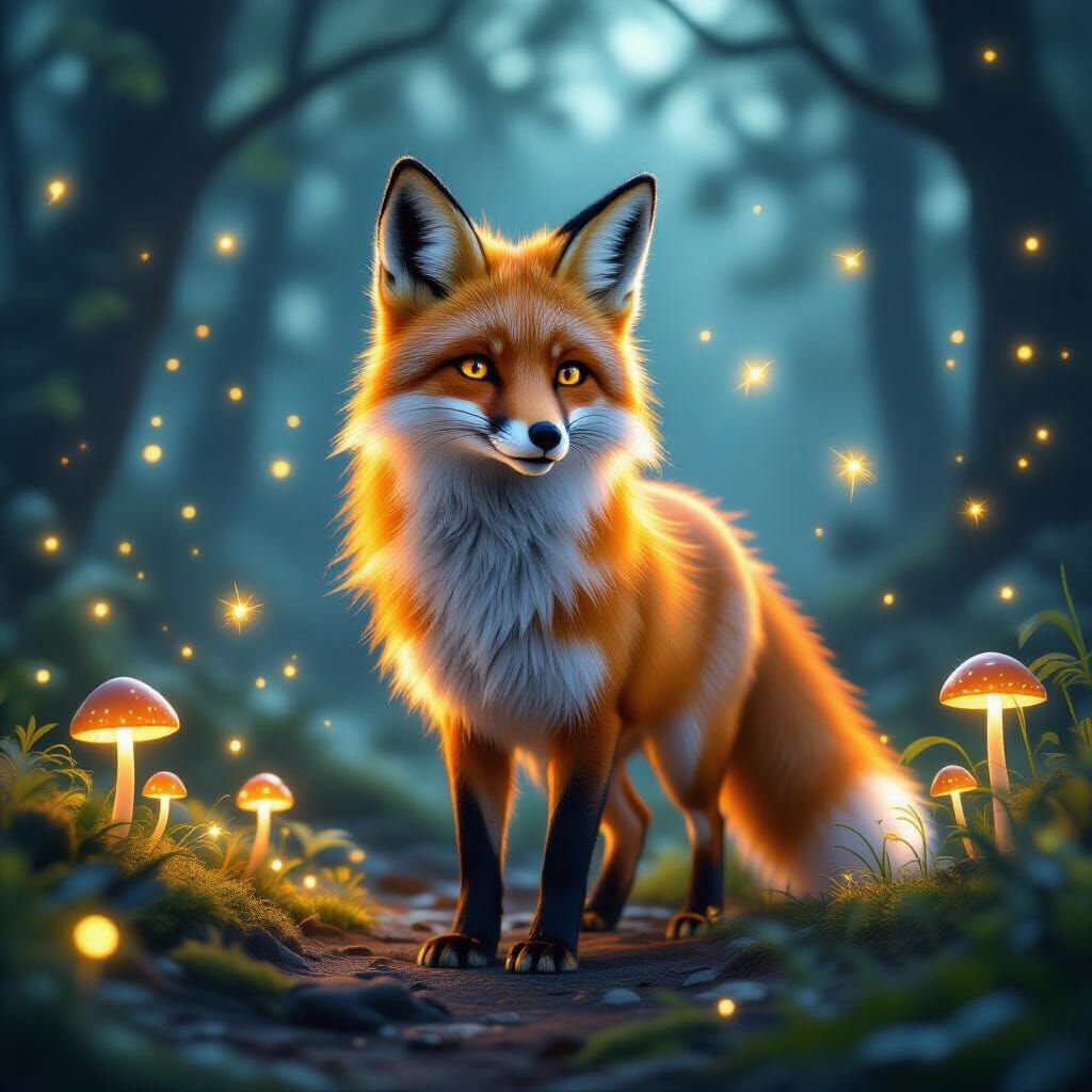 Glowing Fox in Enchanted Forest at Night