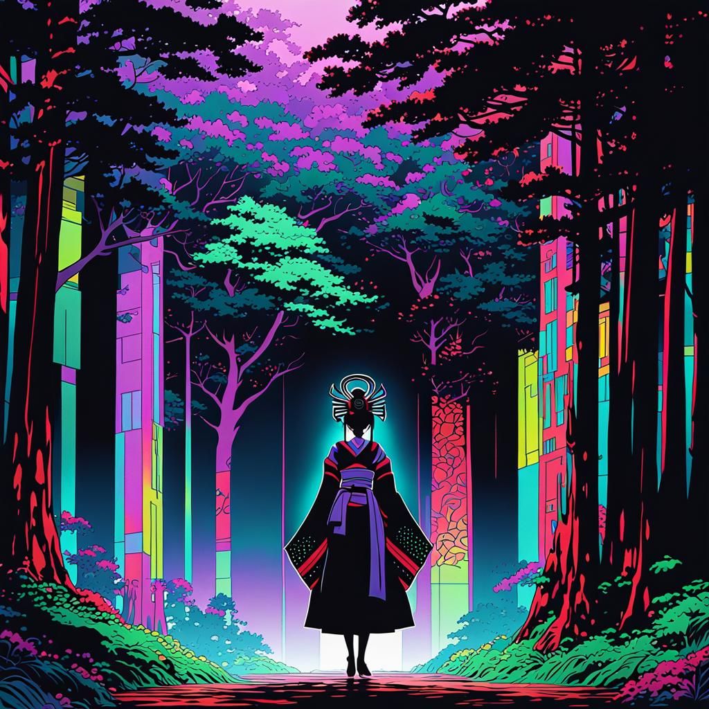 Cyberpunk-Style Anime Geisha in Serene Forest