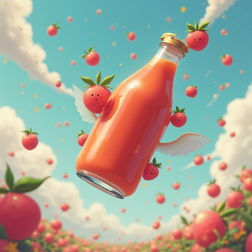Vibrant Litchi Juice Bottle Soars Amidst Happy Fruit