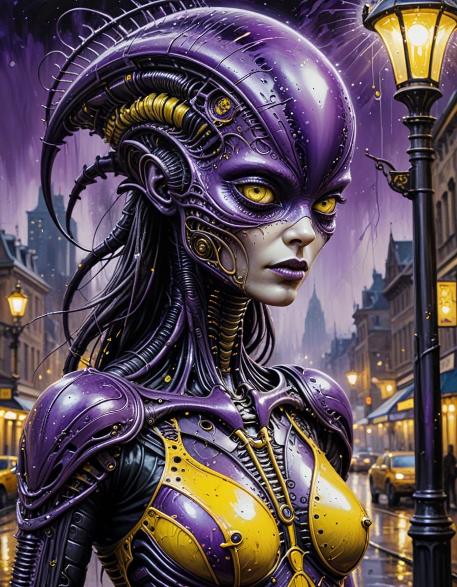 Steampunk Xenomorph in Purple Dress, Oil on Canvas