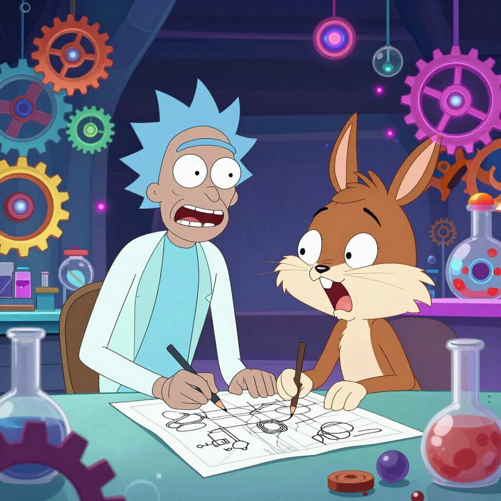 Rick Sanchez & Sandy Cheeks Invent Together in Cartoon Style