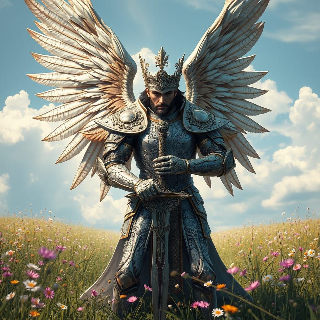 Regal Silver and Gold Knight Stands Majestically in Serene M...