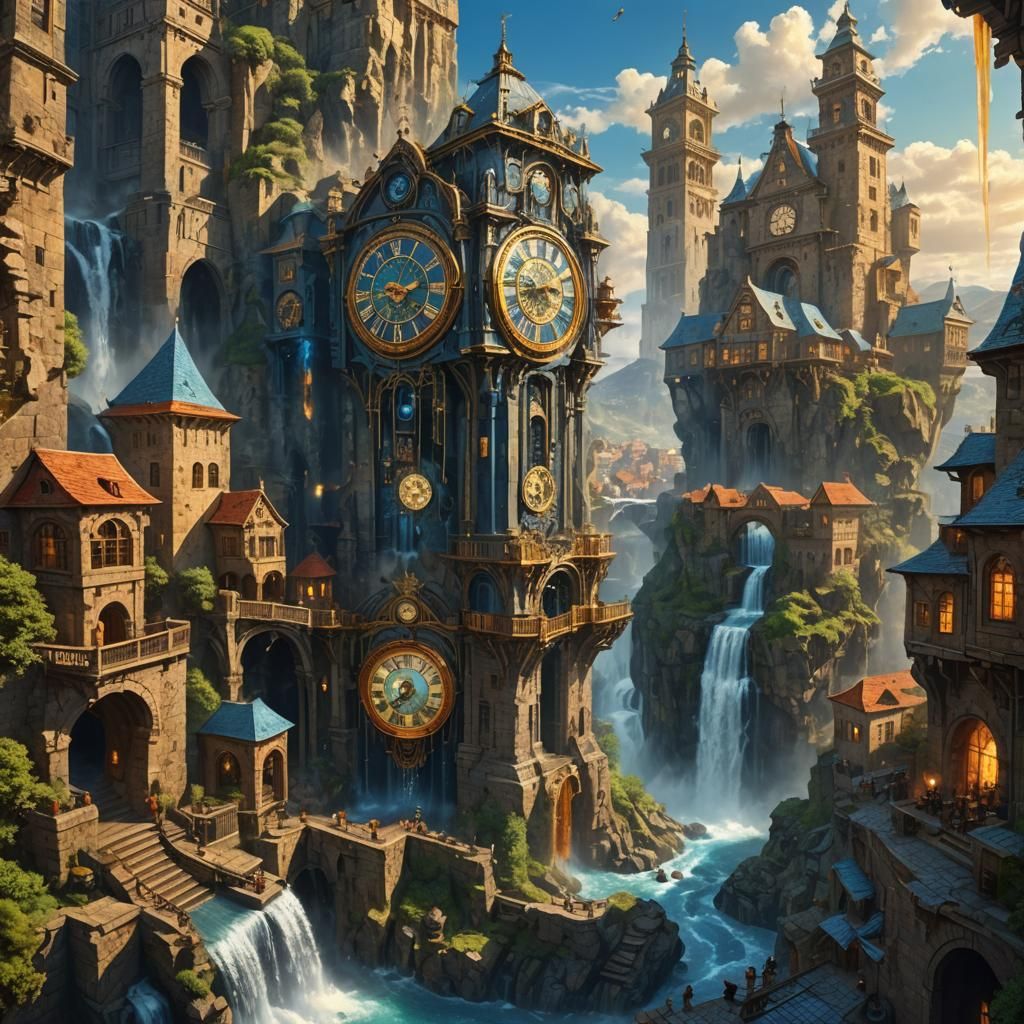 Clockwork Town Beneath Castle Tower in Fantasy Art Style