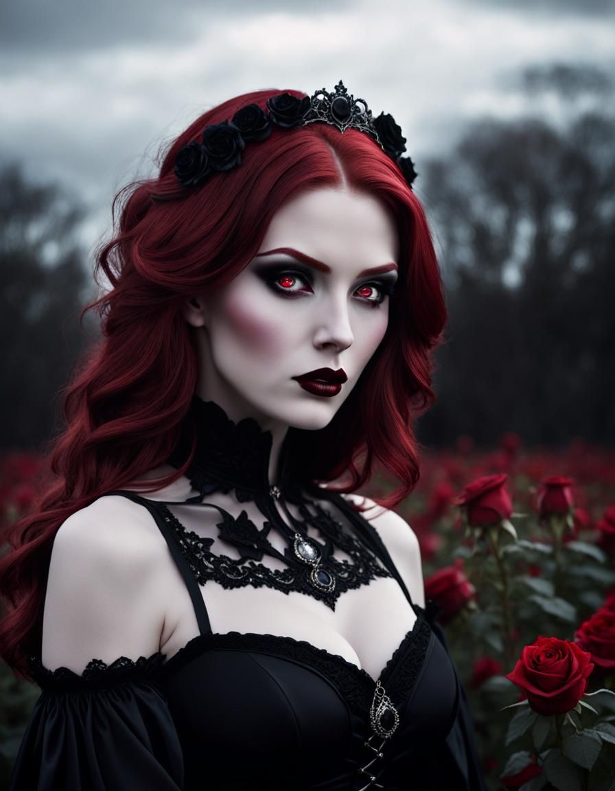 Redhead Vampire in Rose Field: Dark Fantasy Portrait