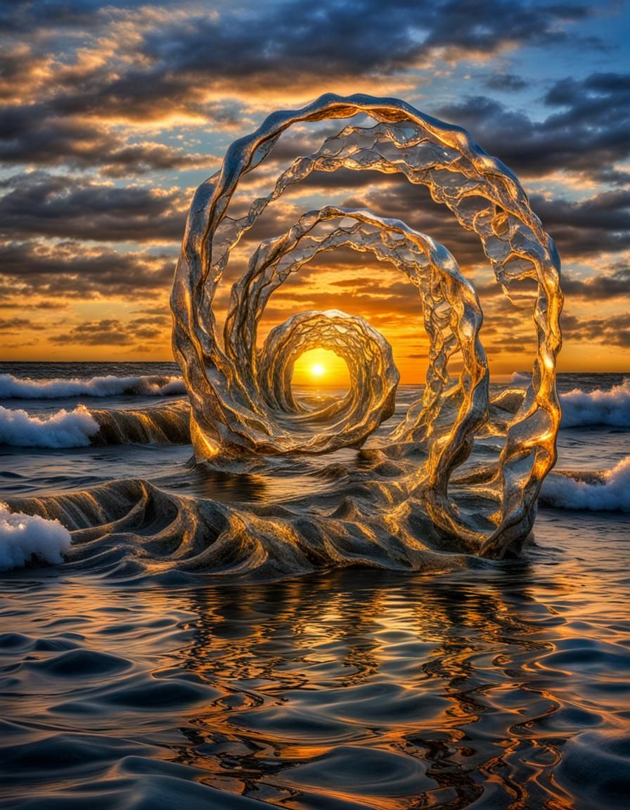 Hyperrealistic Water Sculpture Reflecting Sunset