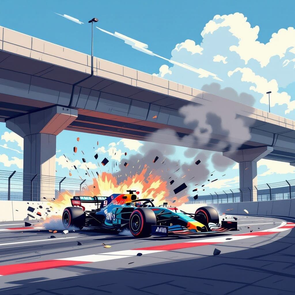Stylized Formula 1 Car Crash in Futuristic Style